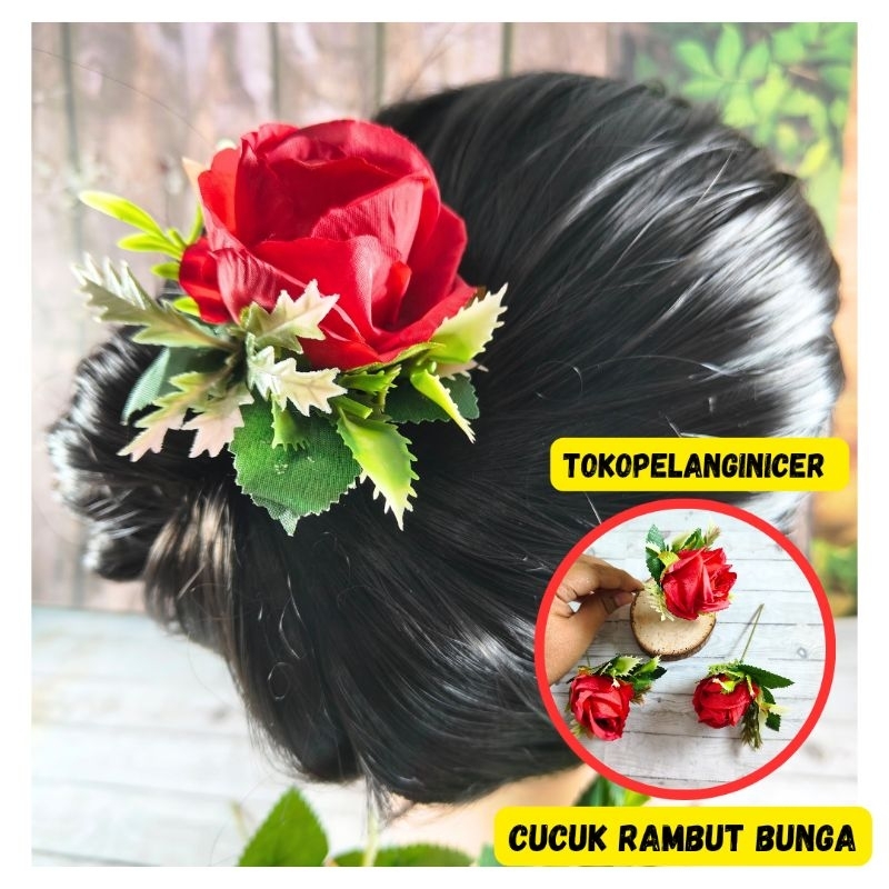 Tusuk Rambut Bunga Mawar Merah-Tusuk Hiasan Rambut Bunga -Tusuk Sanggul Cucuk Konde Mewah Clips Sirk