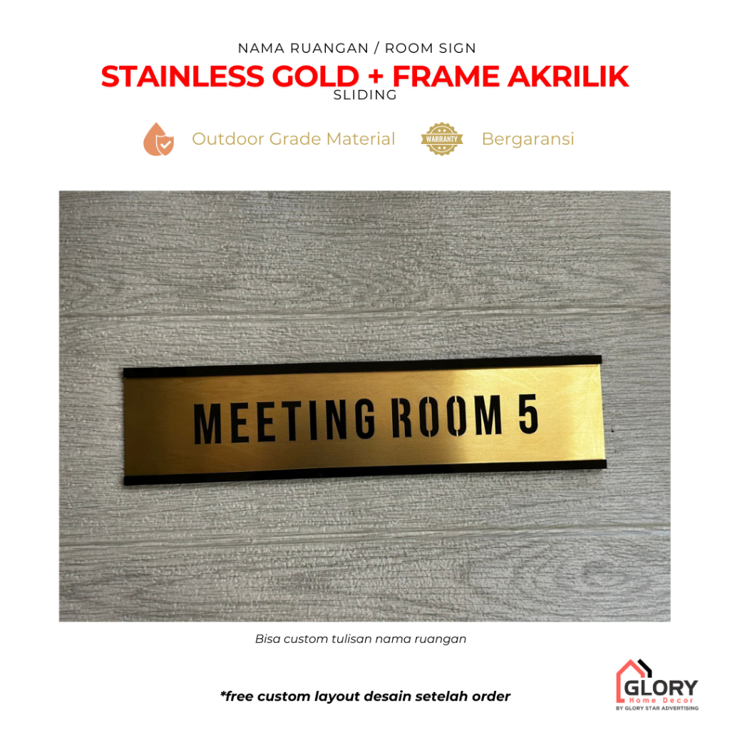 GHD Nama Ruangan / Room Sign Sliding Laser Cut Stainless Gold + Akrilik Custom