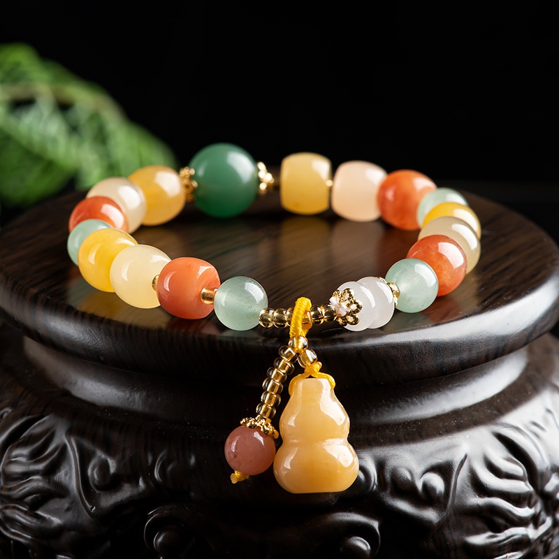 Gelang Giok Sutra Emas untuk Wanita Manik-manik Barel Warna-warni Gelang Liontin Labu Aksesori Fesye