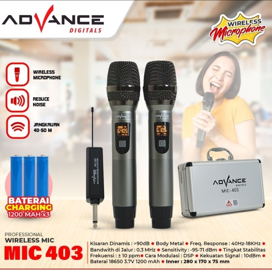 Advance Double Microphone Wireless MIC-403 / Mic Tanpa Kabel Profesional Dinamik Cocok Untuk Karaoke