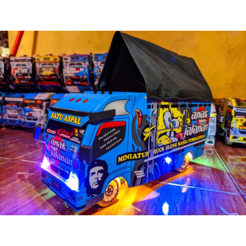 PROMO MINIATUR TRUK OLENG KAYU FULL LAMPU KELAP KELIP RODA DEPAN BISA BELOK KANAN KIRI miniatur truk