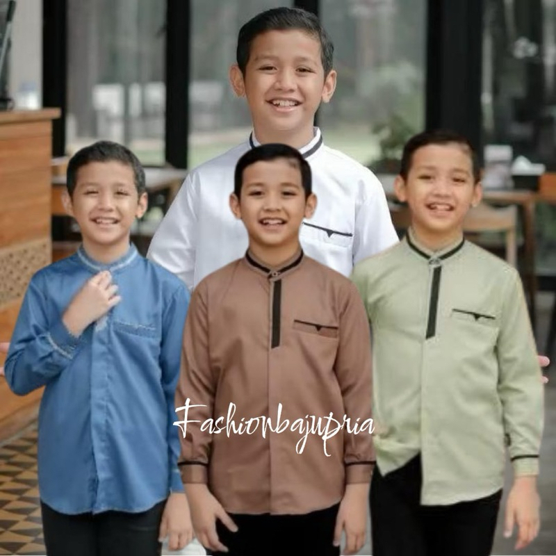 Baju Koko Anak Lengan Panjang Terbaru Baju Anak Remaja 12 tahun Original Elrumi Warna SageDenimPutih