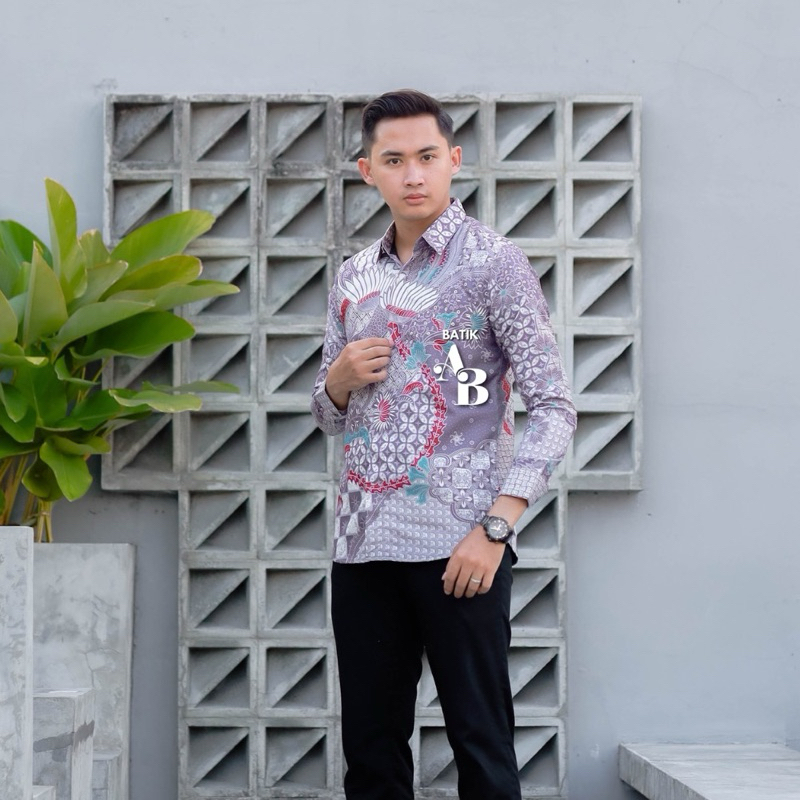 kemeja lengan panjang warna putih ungu modern hem ngantor kekinian baju kondangan pria motif sultan