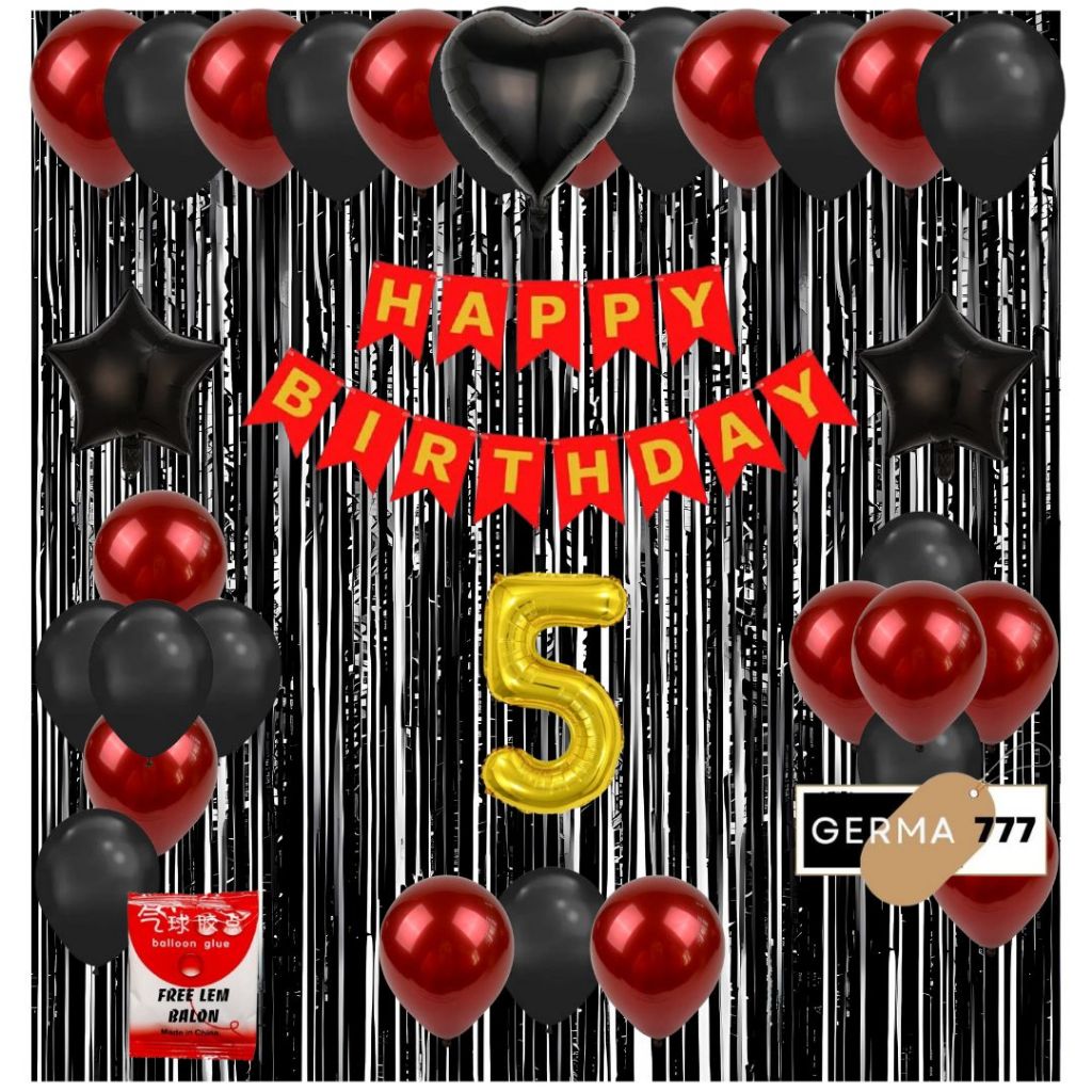 Set Dekorasi Backdrop Balon Pesta Ulang Tahun Anak Banner Happy Birthday Tirai Ultah Hitam Simple