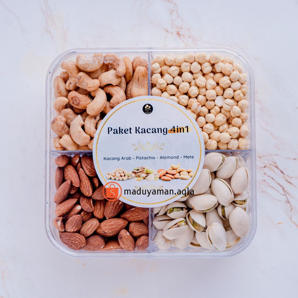 

Paket Kacang 4 In 1 (Kacang Almond, Pistachio, Kacang Mede, Kacang Arab) Paket Hemat Makanan Ringan Cemilan Sehat Kacang Mete Kacang Fustuk Kacang Humus Chickpea Chichpeas Camilan Sehat