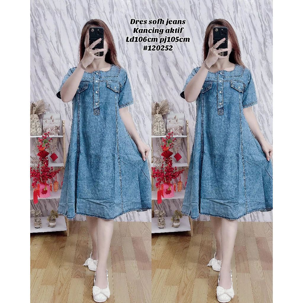 Dress Wanita Model Kerah / Dress Jeans Lengan Pendek