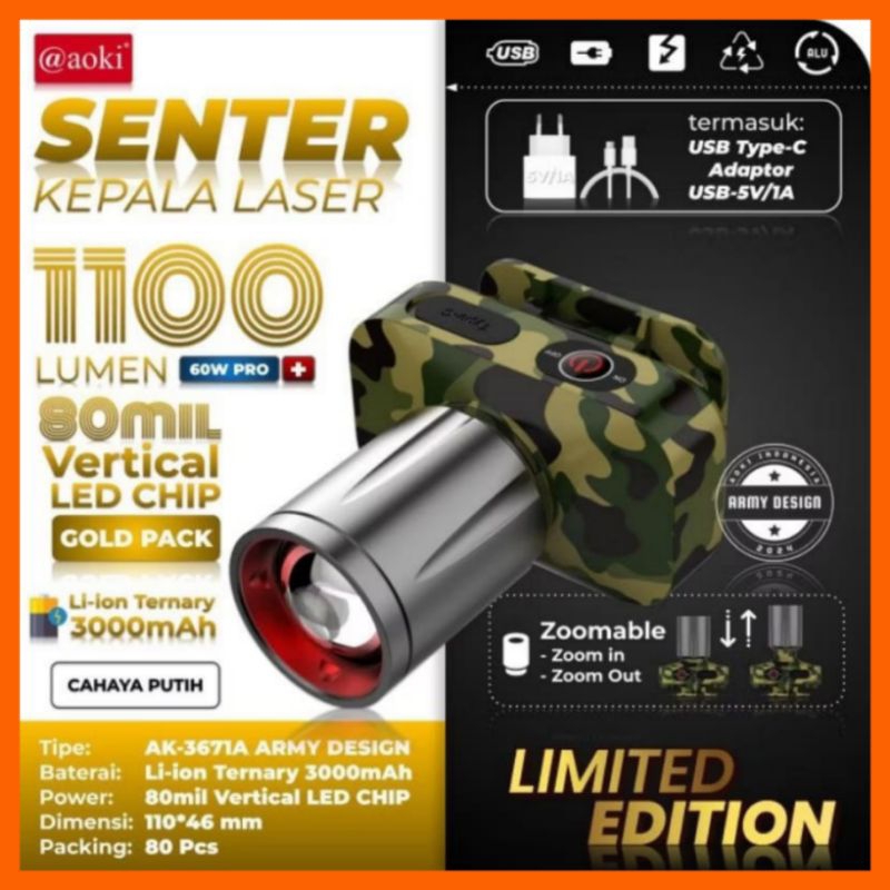 AOKI SENTER KEPALA LED ZOOM 60WAT AK-3671A 60W PRO 20 JAM CAHAYA PUTIH + CHARGER DAN KABEL USB