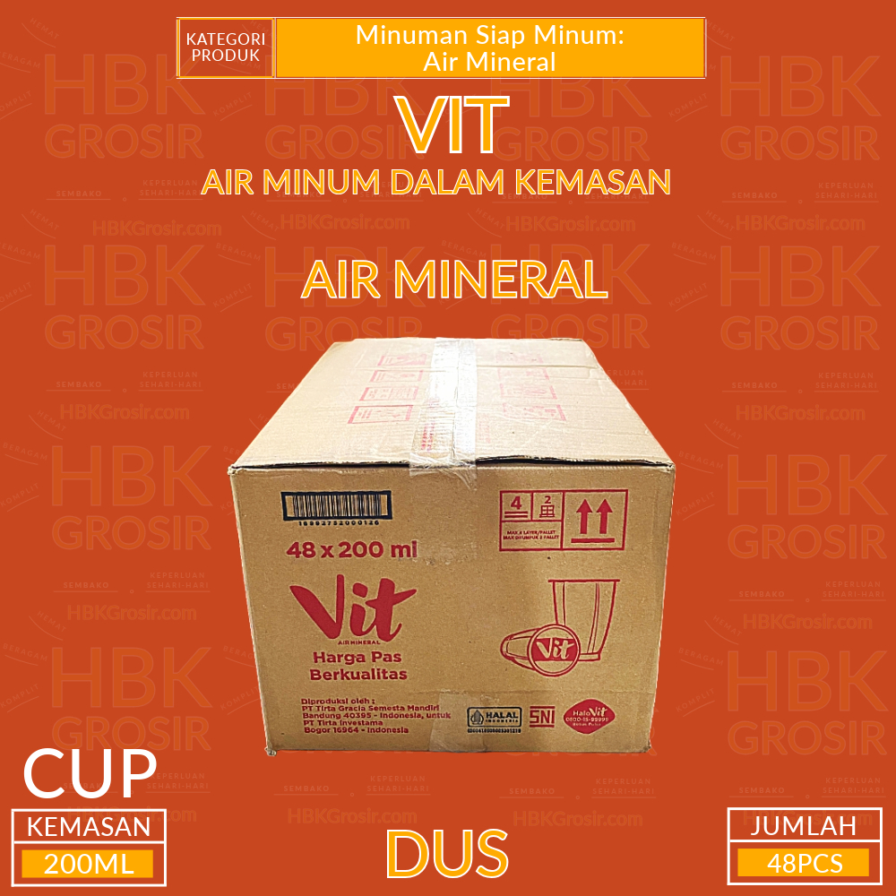 

Air Minum Dalam Kemasan Vit Cup 220ML - Dus Isi 48Pcs [HBK GROSIR - Hemat Beragam Komplit]