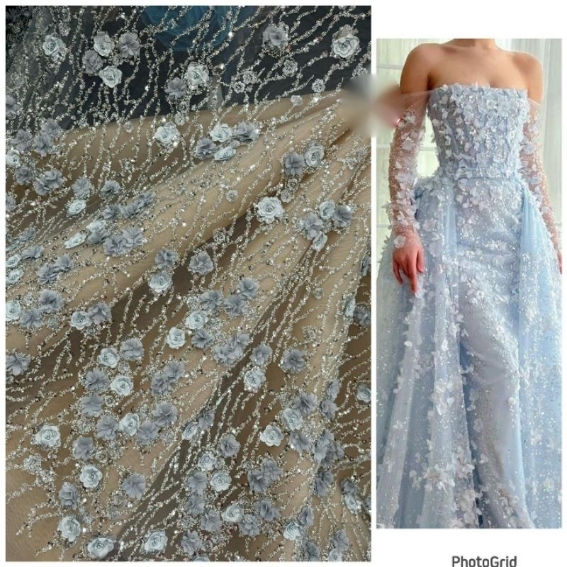 Kain/Bahan Tille Motif full Bunga 3d payet Bahan kebaya Bahan gaun fu