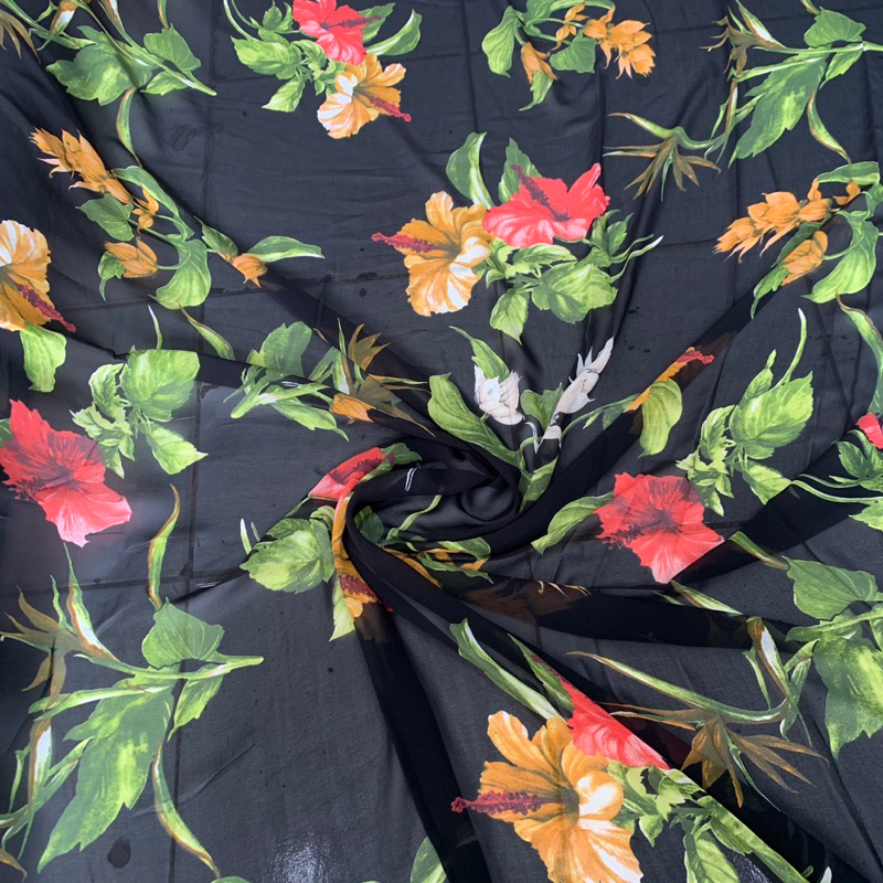 kain ceruty motif bunga - kain ceruty babydoll - kain sifon motif - kain ceruty luxury [DASAR HITAM]