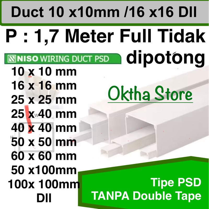 NISO Cable Duct PVC 60x60/50 x50 /40 x40/ 40x25 /16 x16mm PANJANG 1,7m / Kabel dak / pipa kabel / tr