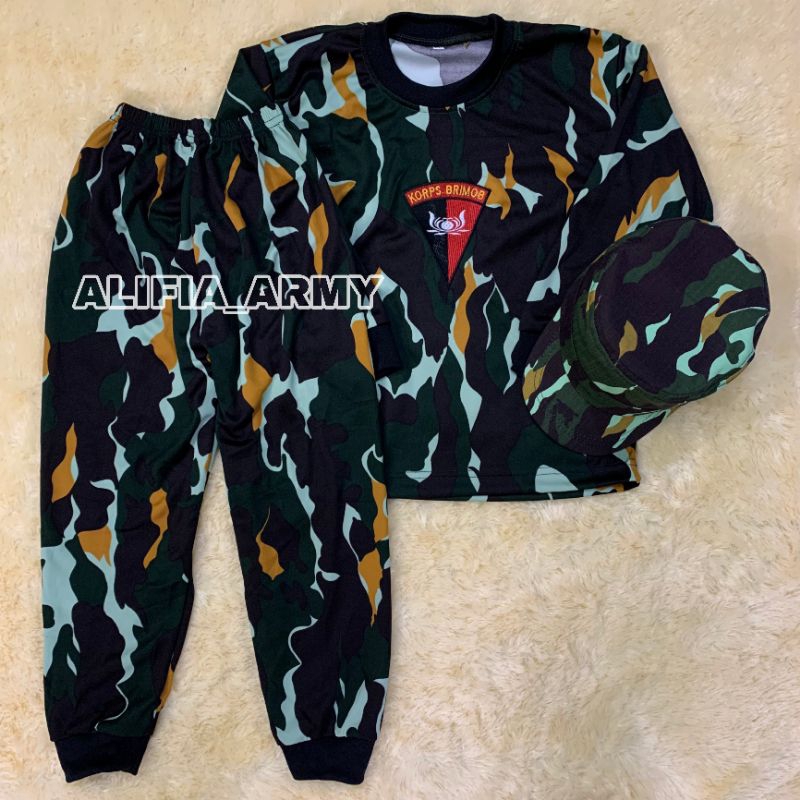 SETELAN KAOS ANAK LENGAN PANJANG LORENG BRIMOB FREE TOPI PET COMMANDO KIDS ARMY UNISEX BORDIR