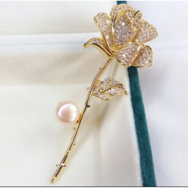 Bros rhodium lapis emas mutiara air tawar asli lombok bersertifikat Aksesoris mutiara lombok Aksesor