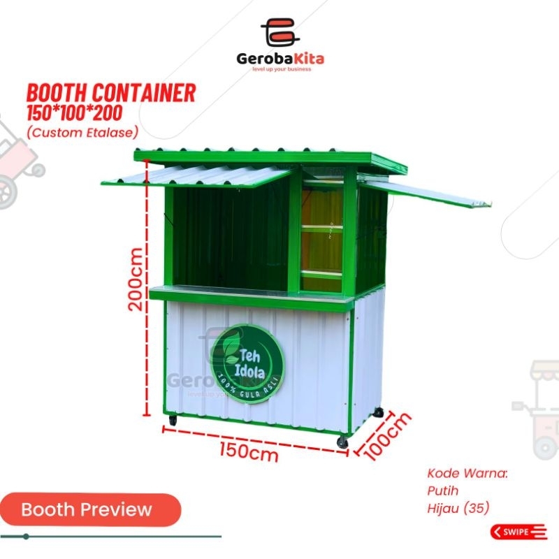booth kontainer custom etalase roda lantai ukuran 150x100x200