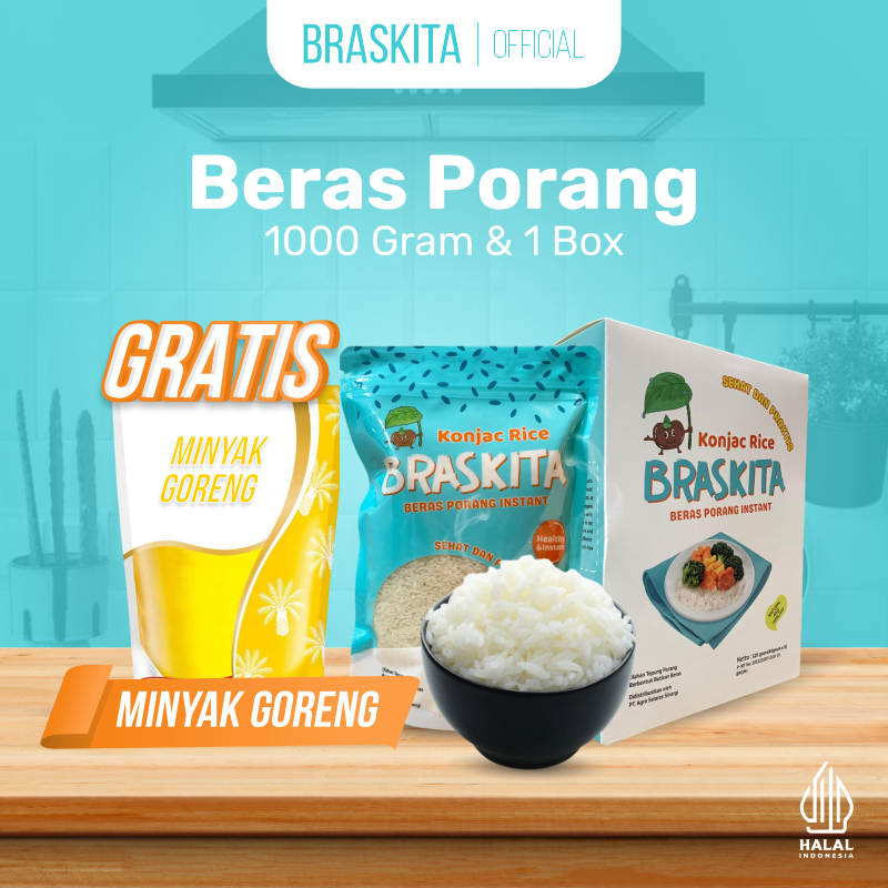 

Braskita Beras Porang 1 Pouch & 1 Box Sachet FREE Minyak Goreng 1 Liter