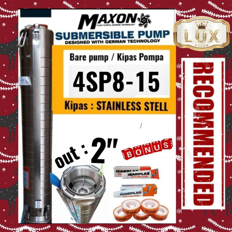 Kipas pompa satelit STAINLESS 4inch MAXON 3Hp 3Phase 4SP8-15 8M³/jam submersible bare 4" pump Outlet