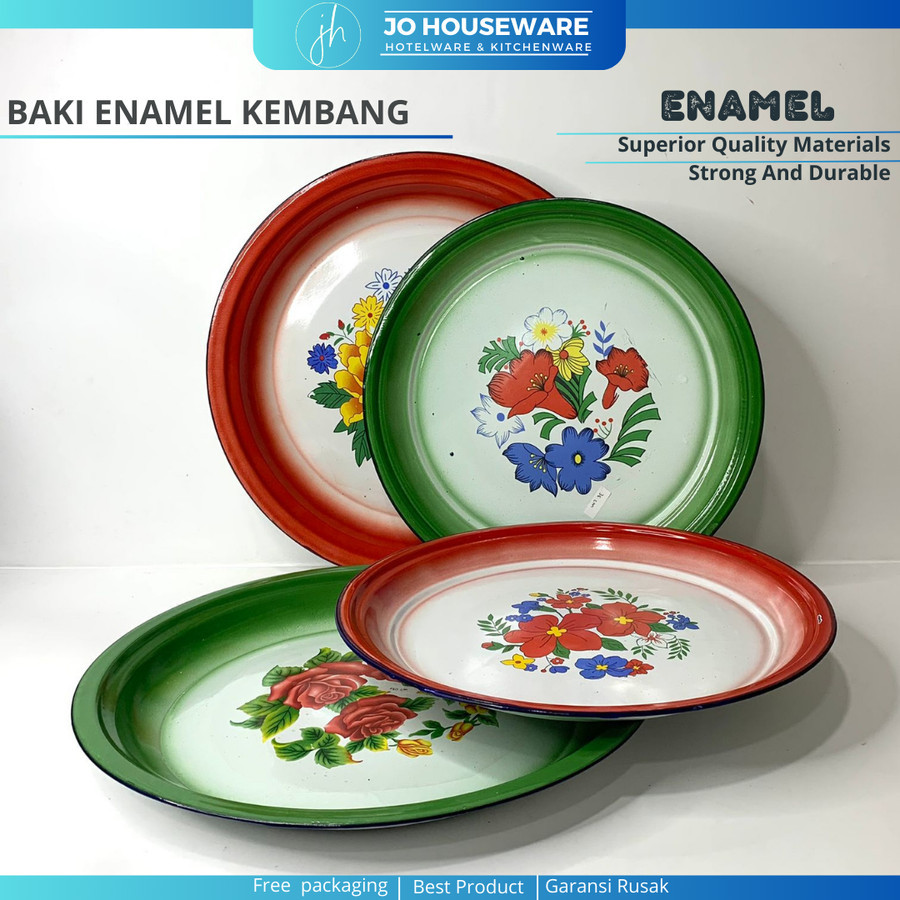 Baki bulat enamel jadoel motif kembang / Nampan lingkaran enamel (TAMBAH NOTE UNTUK WARNA : MERAH, H