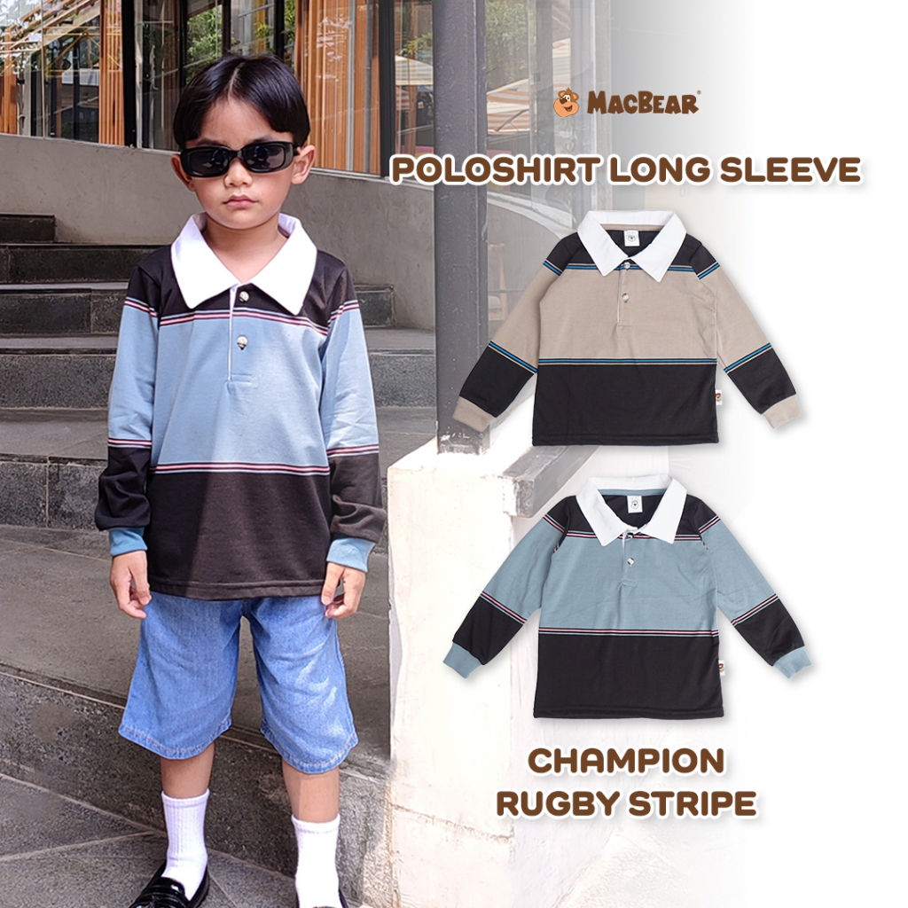 Macbear Baju Anak Remaja Laki-Laki Lengan Panjang Polo Shirt Salur Rugby Stripe Champion Size 2-10 T