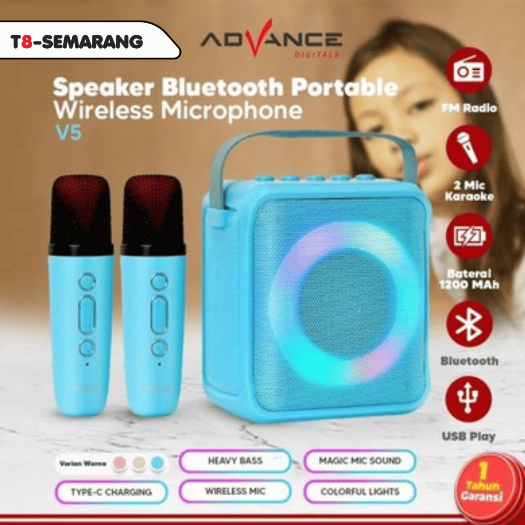 ADVANCE V-5 Speaker Portable Bluetooth 2 Mic Karaoke Wireless Magic Sound Recharge Mic Mini Garansi