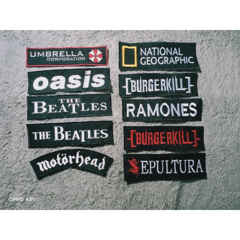 patch/emblem/bordir/badge/backpatch logo band oasis,neogeo,motorhead,umbrela,thebeatles