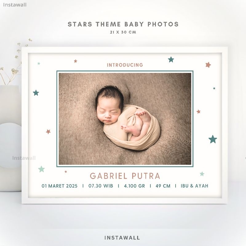 Cetak foto bingkai biodata bayi Kado Biodata kelahiran bayi aesthetic Tema Star Foto newborn Hiasan 