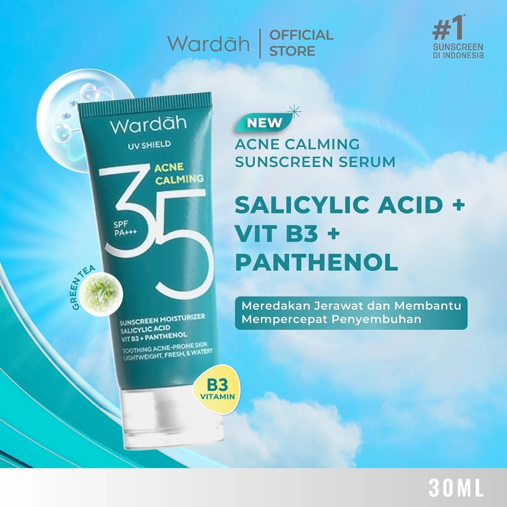 Wardah UV Shield Acne Calming Sunscreen Moisturizer SPF 35 PA+++ untuk komedo, jerawat dan bekas jer