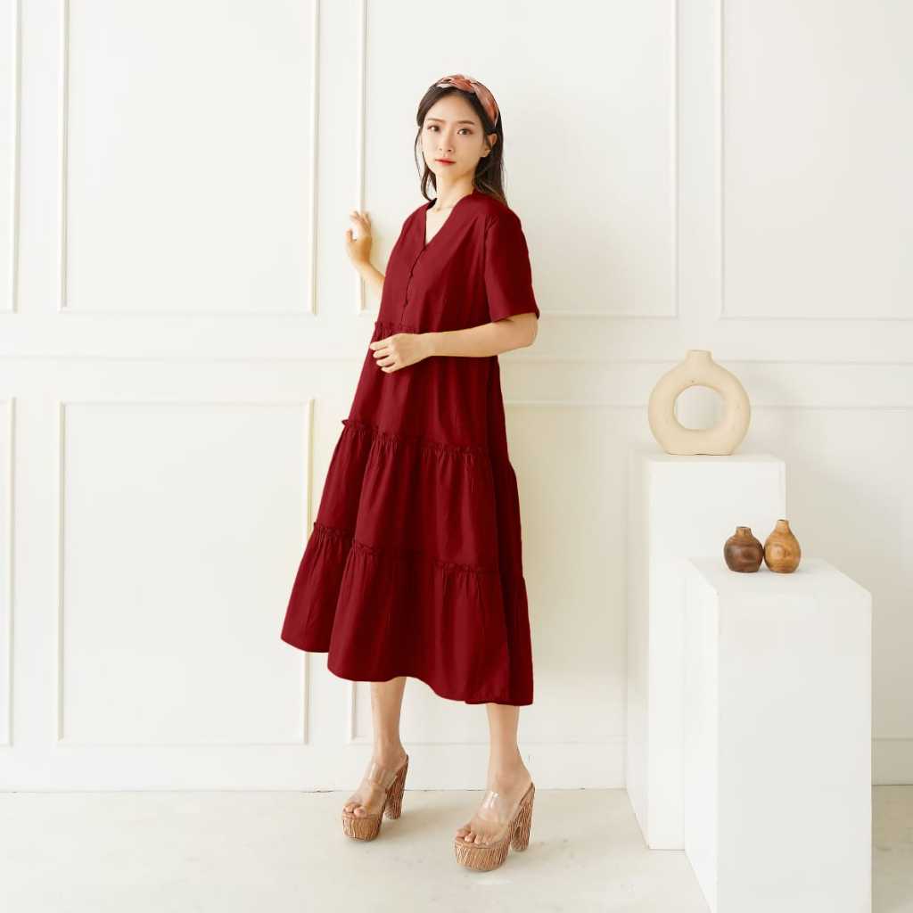 Dress Midi kancing katun Linen Import tidak nerawang- CK1671