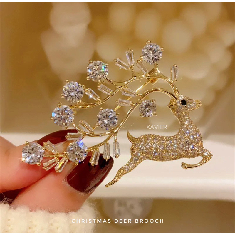 Christmas Deer Brooch / Aksesoris Bros Rusa Fashion Zircon