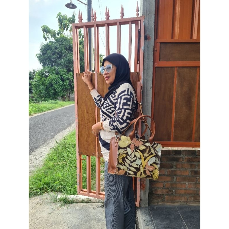 Rifa tas wanita kulit asli ecoprint