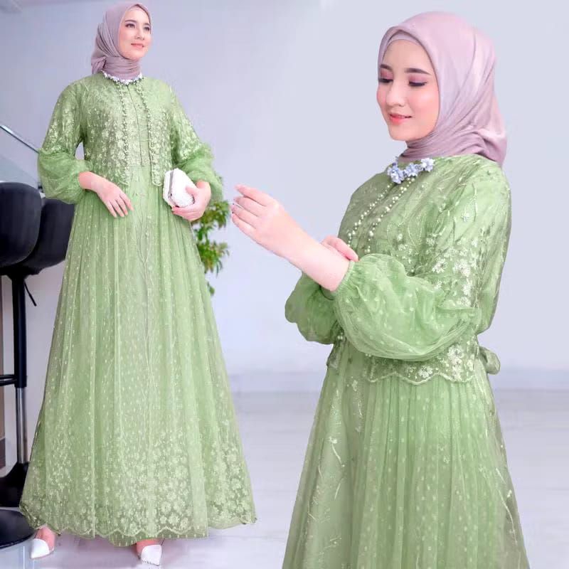 maxi gamis brukat tille Rafika full brukat tille ukuran L-XL-XXL-3XL