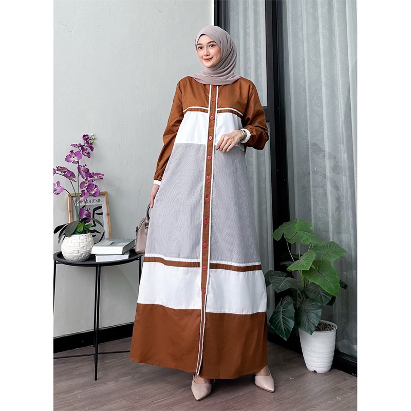 Gamis Kahiyang Kombinasi Polos Motif Full Kancing Busui