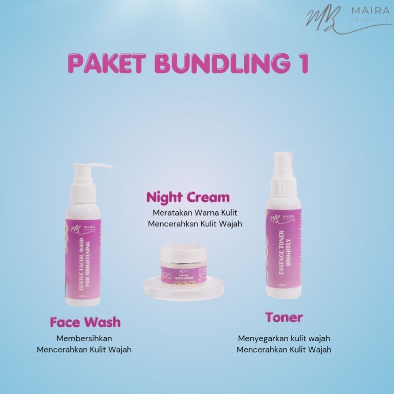[3PCS Paket] Maira Beauty Skincare Bundling 1 Skincare Routine Malam Gentle Facial Wash For Brighten