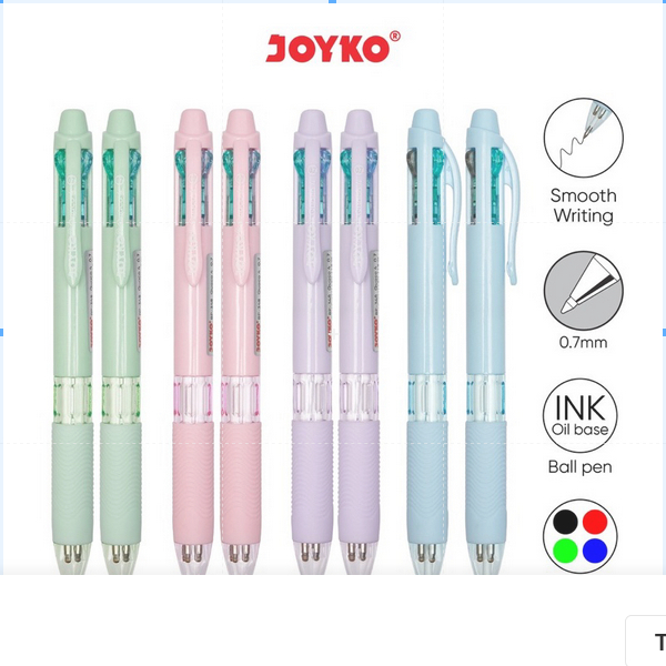 

( 1 PACK ) Ball Pen Pulpen Pena Joyko PASTEL BP-348 Quaco 4 0.7 mm 4 Warna Colors 1 PACK ISI 12 BIJI