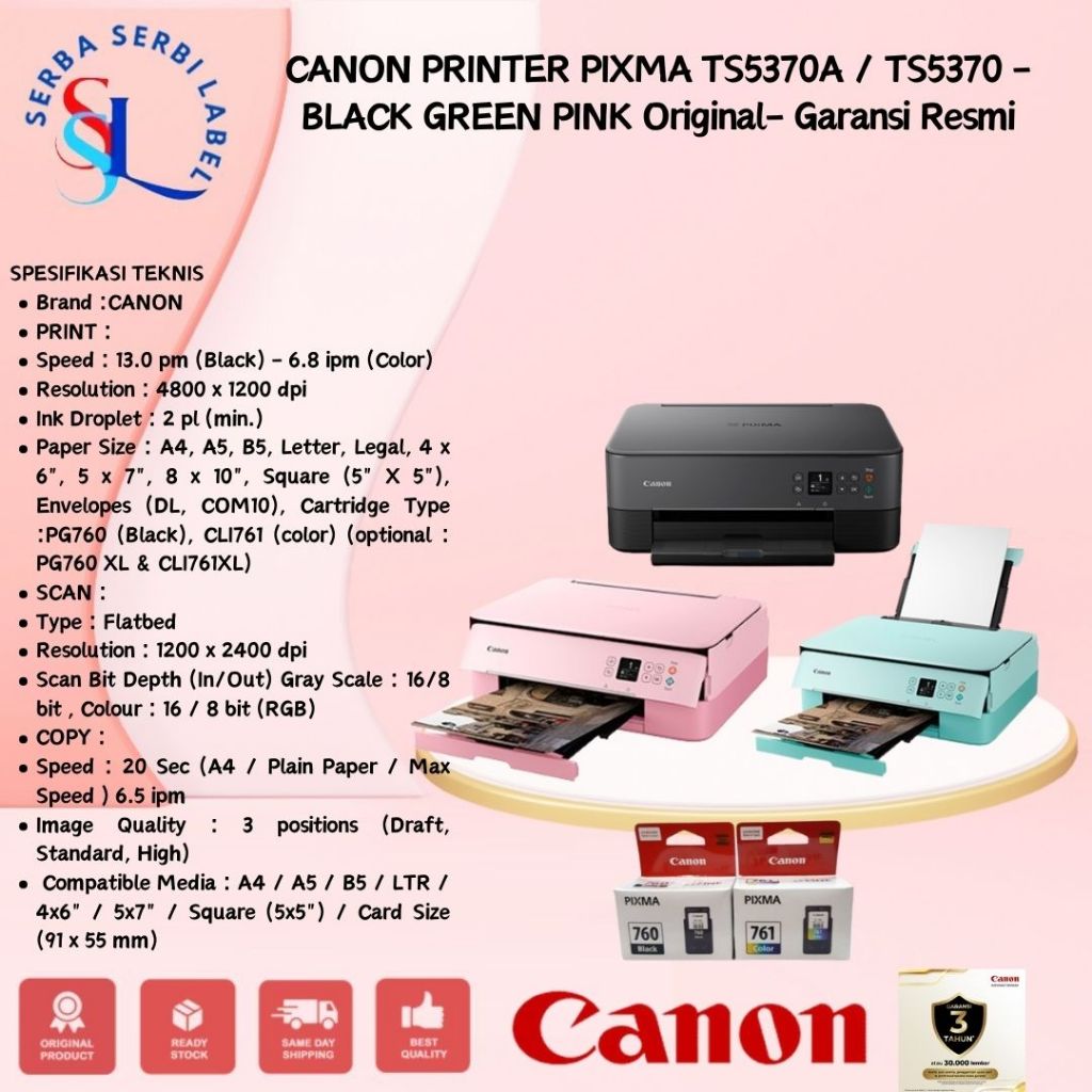 Canon Printer PIXMA TS5370A / TS5370 - BLACK GREEN PINK Original