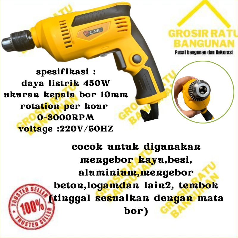 Mesin Bor Listrik Bor Tangan 10MM /Mesin Bor Plus SET FREE Kabel & Buku Manual/ Electric BOR LISTRIK