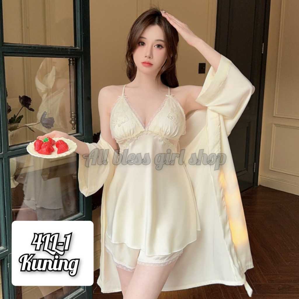 Set Baju Tidur Wanita 3 Pcs Kimono Atasan Celana Motif Etnik Nyaman