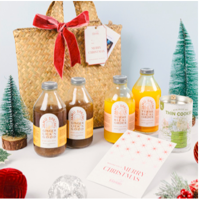 

Fountain's EOY Hamper #E : Jamu Spring Rooted 4 Joy (Turmeric, Ginger) + Thin Cookies +Hand Woven Purun Bag