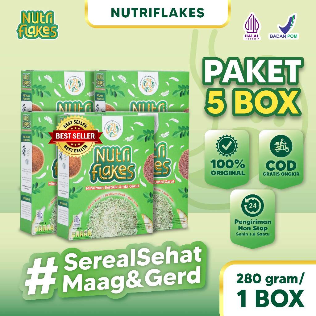 

[BIG SALE 5 BOX] | Nutriflakes | Sereal Sehat Dari Umbi Garut Yang Mampu Mengatasi Masalah Asam Lambung Maag GERD dan Diet