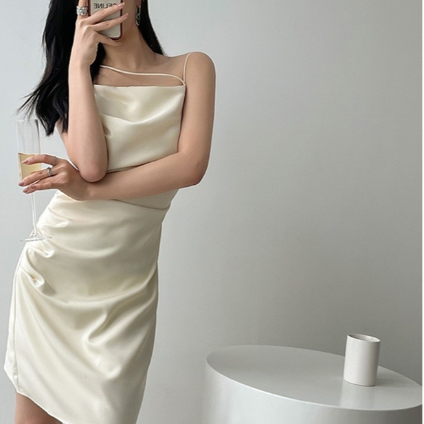 【Premium】Sexy Spaghetti Strap Pleated Satin Slit Mini Dress 7133 (S/M/L)