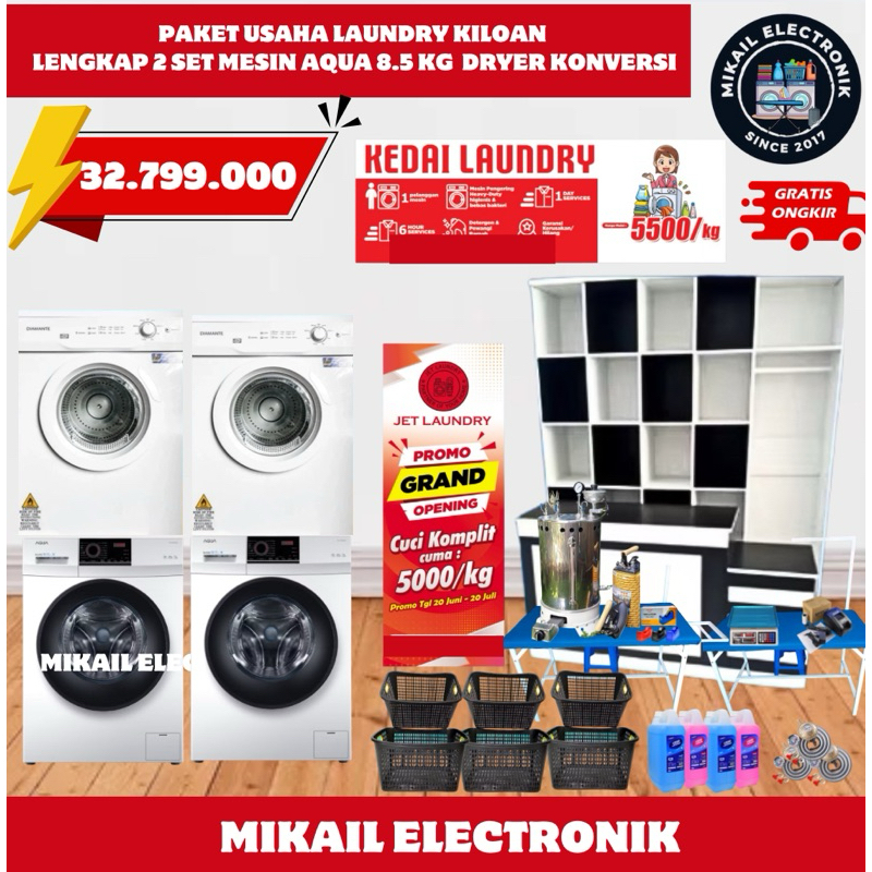 PAKET USAHA LAUNDRY KILOAN PEMULA LENGKAP BEST SELLER WASHER AQUA 8.5 KG DRYER KONVERSI