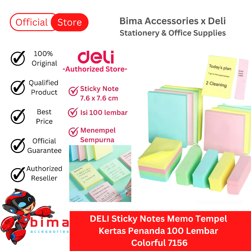 

DELI Sticky Note Notes Kertas Memo Tempel Warna Warni Candy Penanda Tanpa Lem Isi 4x100 400 lembar
