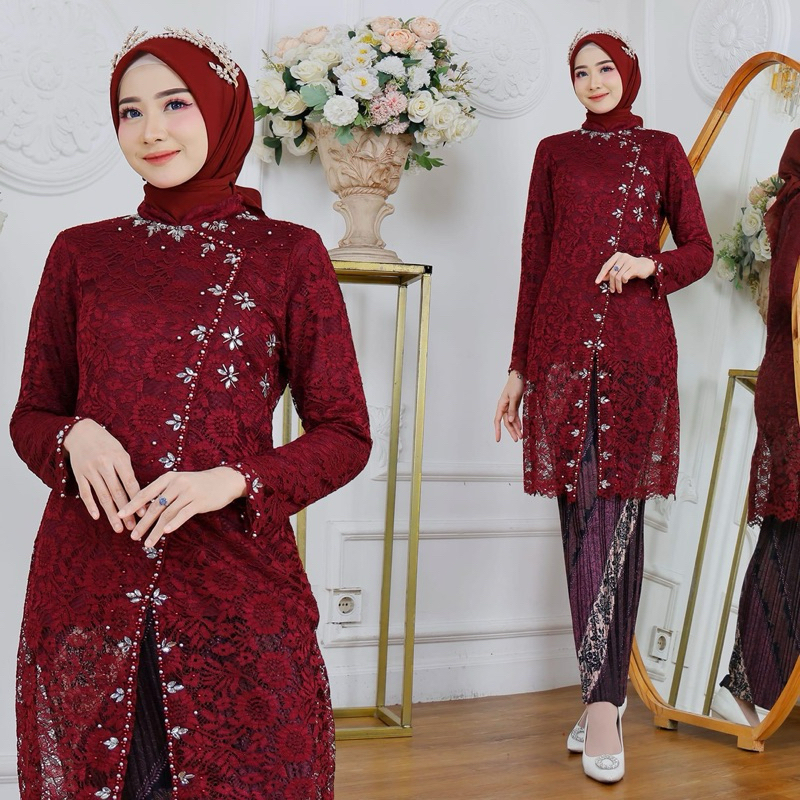 Kebaya Satu Set Tunik Busui Brukat Rok Plisket Untuk Acara Perpisahan Wisuda Wanita Event Kantor dan
