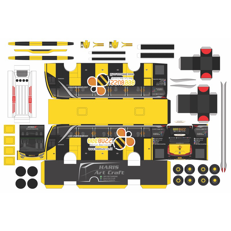 pola miniatur papercraft bus beebuuz skala 1:50