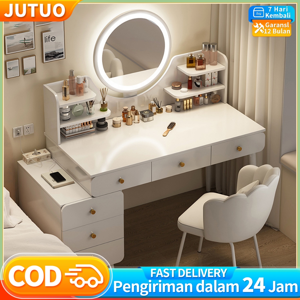 JT Meja Rias Aesthetic + Meja rias kaca lampu LED / Meja Rias Aesthetic / Meja Rias Gold Putih (Gant