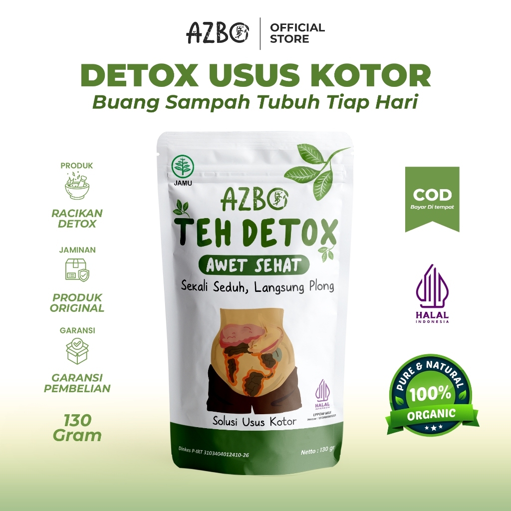 

AZBO TEH DETOX Usus Bersih Sembuh dari Penyakit- 1 Pouch (isi 130 Gram) bersihkan detok usus kotor