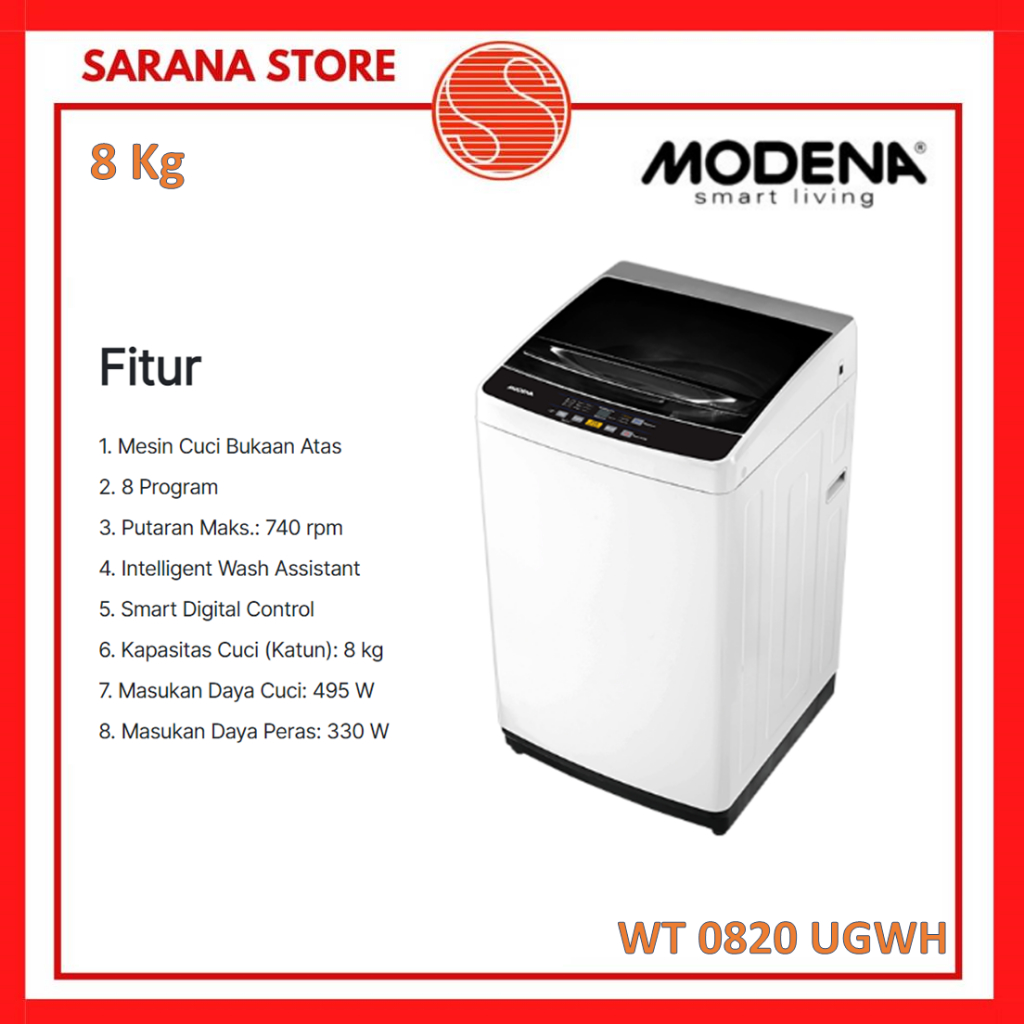 MODENA Mesin Cuci 8Kg TOP LOADING WT 0820UGWH WT0820UGWH WT0820UG
