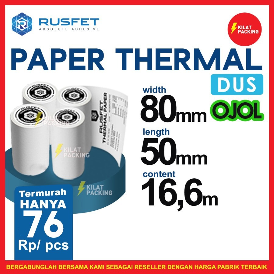 

Paper Thermal Struk Kasir Kertas Thermal 80x50mm Rusfet Dus Ojol