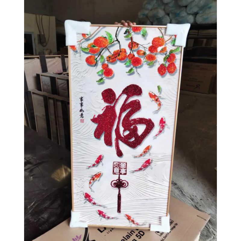 Lukisan Porcelain Diamond 5D lukisan merak/tulisan mandarin Fu