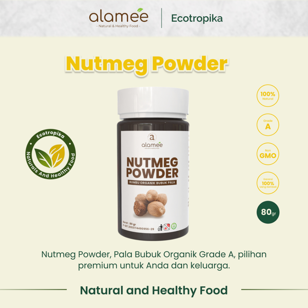 

Bumbu Dapur Pala Bubuk Nutmeg Seasoning Powder Rempah Murni Asli Tanpa Campuran Organik Tabur 80gram