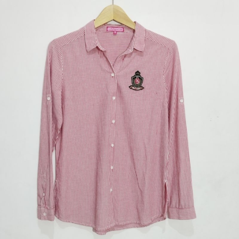 TUNIK KEMEJA LENGAN PANJANG MERAH PASTEL GARIS-GARIS KANCING DEPAN by LOCO SAKU 216